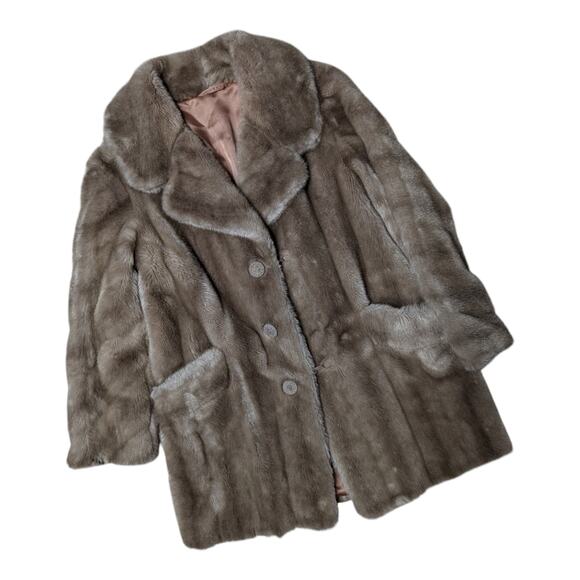 Vtg 1970s Schlampp's Tissavel Beige Faux Fur Collared Mid Length Car Coat Sz M - Picture 1 of 6